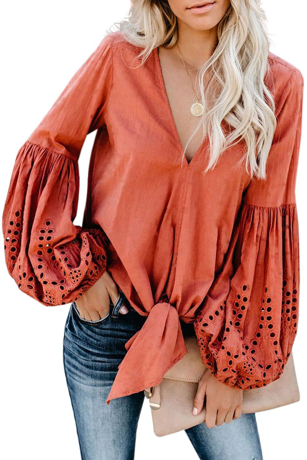 Asvivid Womens Casual V Neck Balloon Long Sleeve Tops Hollow Out Tie Knot Loose Shirt and Blouses 