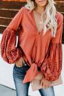 Asvivid Womens Casual V Neck Balloon Long Sleeve Tops Hollow Out Tie Knot Loose Shirt and Blouses 