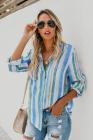 Asvivid Womens Casual Colorful Striped Shirt Lapel V Neck Roll Long Sleeve Pocket Loose Flowy Chiffon Blouses Tops
