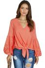 Asvivid Womens Casual V Neck Balloon Long Sleeve Tops Hollow Out Tie Knot Loose Shirt and Blouses 