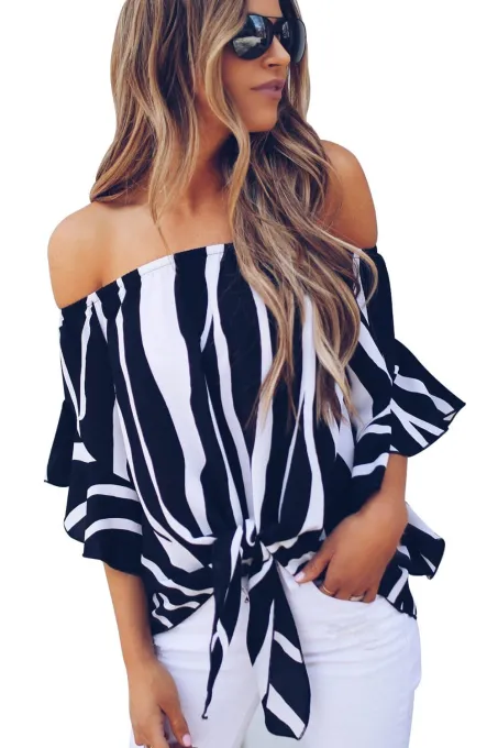Asvivid Womens Striped Off the Shoulder Tops 3 4 Flare Sleeve Tie Knot Blouses and Tops