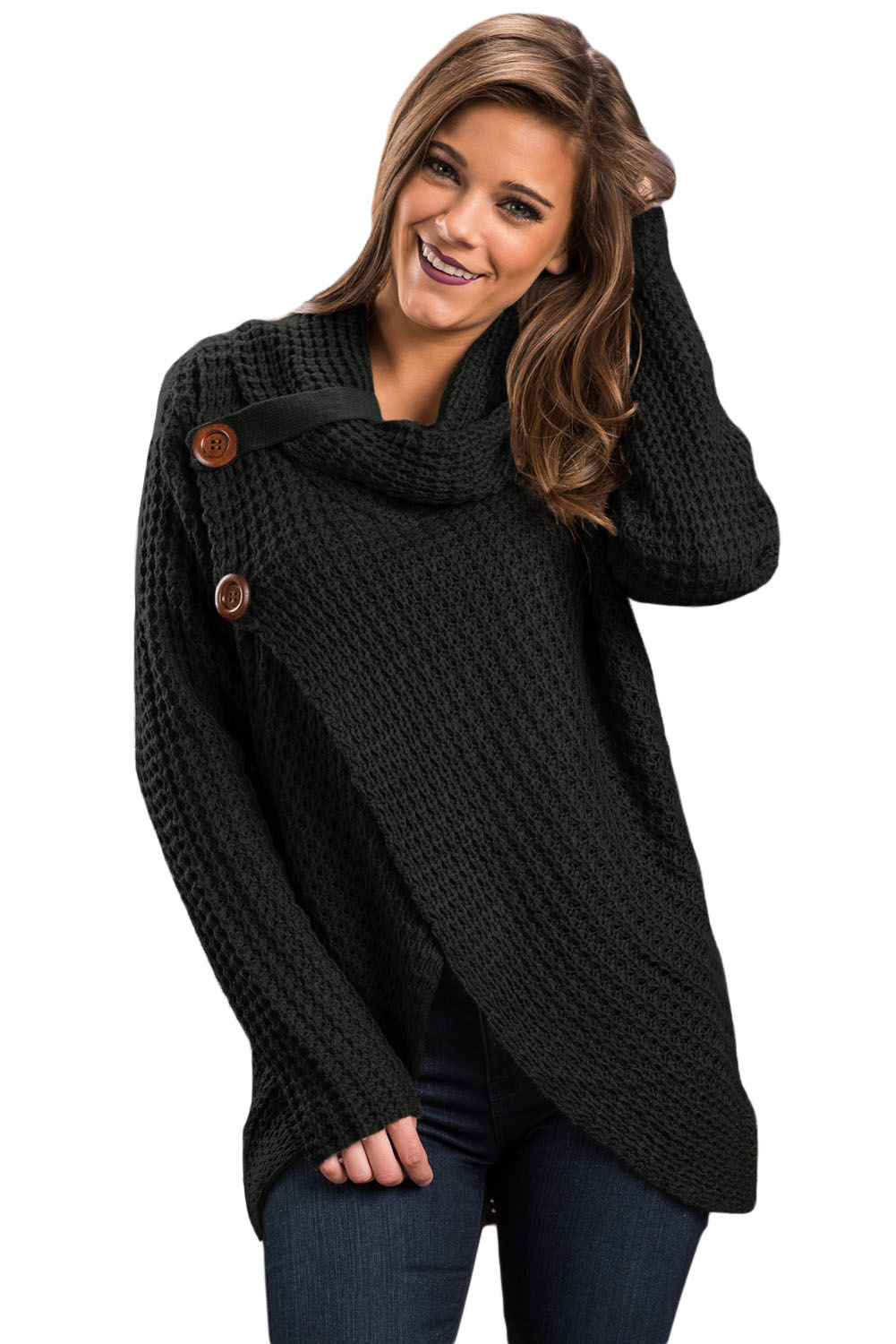 Pre-Order Cowl Neck Casual Button Detail Asymmetric Hem Wrap Sweater
