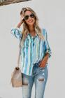 Asvivid Womens Casual Colorful Striped Shirt Lapel V Neck Roll Long Sleeve Pocket Loose Flowy Chiffon Blouses Tops