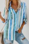 Asvivid Womens Casual Colorful Striped Shirt Lapel V Neck Roll Long Sleeve Pocket Loose Flowy Chiffon Blouses Tops