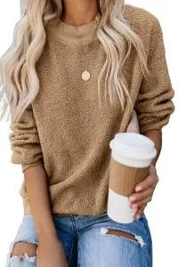 Asvivid Womens Fuzzy Fleece Crewneck Pullover Sweatshirt Solid Long Sleeve Cozy Fluffy Warm Outerwear Tops