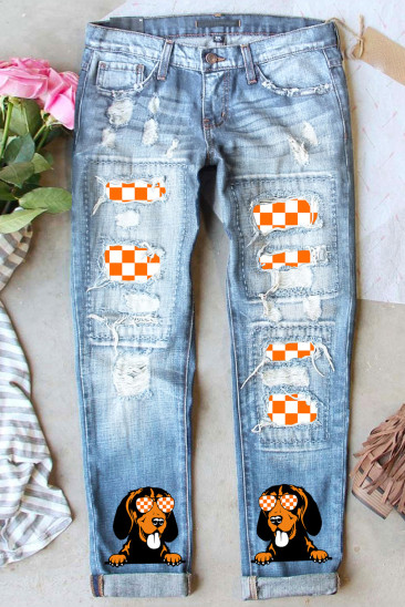 Golden Retriever Orange Plaid Ripped Casual Jeans LC7874759-104