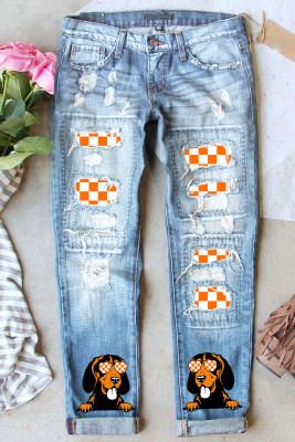 Golden Retriever Orange Plaid Ripped Casual Jeans LC7874759-104