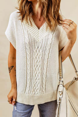 Beige v-neck loose knitted sweater vest LC274006-15