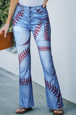 Baseball Graphic Printed Faux Jeans Thin Micro Elastic Casual Pants LC7873521-4