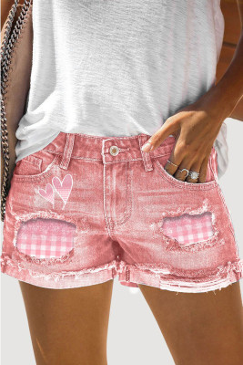 Heart-shaped Plaid Ripped Denim Casual Shorts LC731505-10