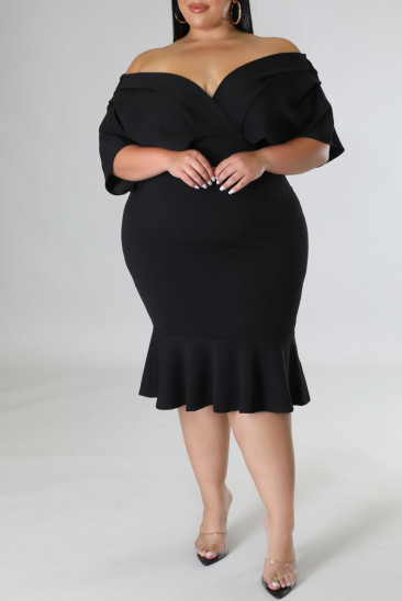Plus Size Pleated V Neck Ruffle Hem Bodycon Dress PL61521-2