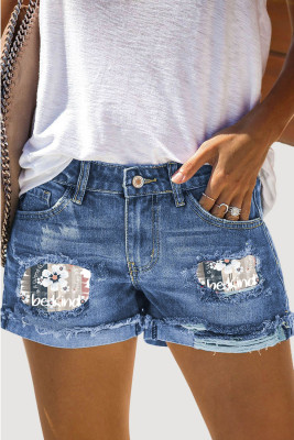 Floral Shift Casual Ripped Jeans Denim Shorts LC7874325-4
