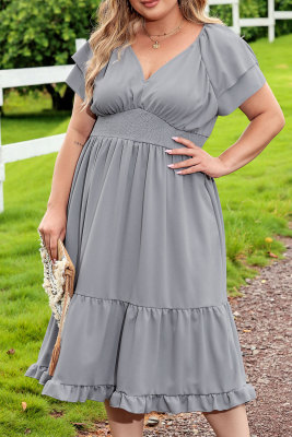 Solid Frill V Neck Oversized Basic Plus Size Dresses PL61682-11