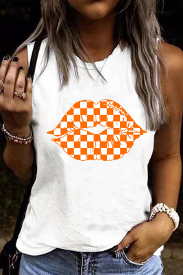 Orange Plaid Lips Plaid Round Neck Casual Tank Tops LC25611153-1