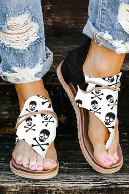 White Skull Print Clip Toe Flat Sandals BH02833-2