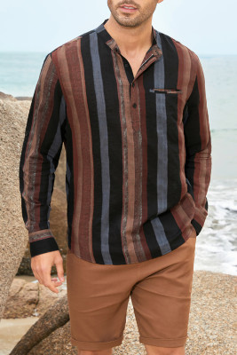Striped Henry Collar Shift Basic Casual Men Shirts MC255671-1022