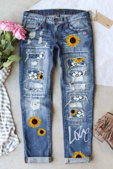 Blue Casual Mid Waist Ripped Jeans LC784388-4