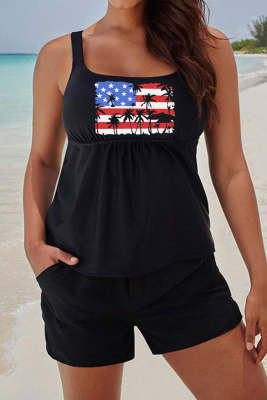 American Flag Trees Print Tank and Shorts Plus Size Tankini Set PL48051-2