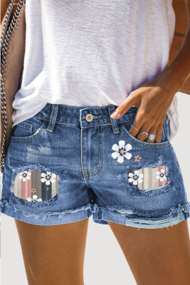 Floral Striped Shift Casual Ripped Jeans Denim Shorts LC7874288-4