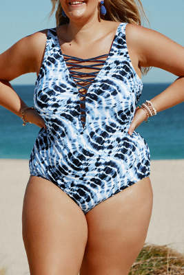 Tie Dye Crisscross Plus Size One Piece Swimsuit LC410751