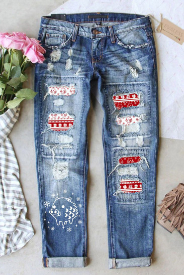 Merry Christmas Pig Graphic Ripped Casual Jeans LC7874750-4