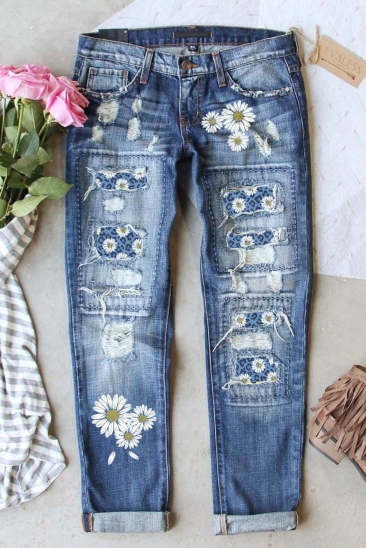 Daisy Patchwork Ripped Denim Jeans LC787900-4