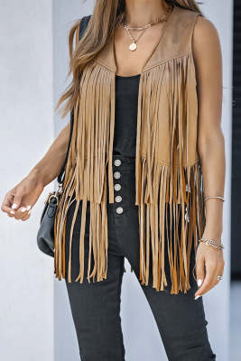 Verdusa Women's Tassel Sleeveless Vest 70s Hippie Faux Suede Fringe Jacket Cardigan LC853228-16