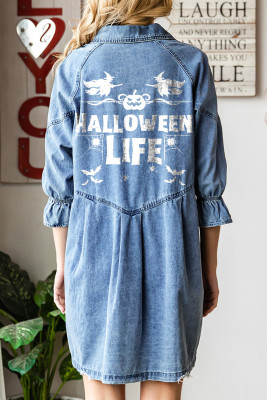 Halloween Letter Ruffle Button Collar Shift Casual Denim dress LC786511-4