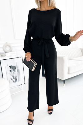 Boat Neck Bubble Sleeve Straight Legs Jumpsuit with Belt Tie LC643428-2