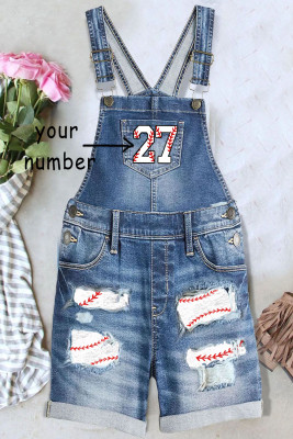 Personalized Custom Number Baseball Graphic Basic Ripped Overalls Shorts LC784560-4-T02