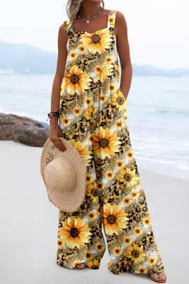 Sunflower Floral Wide Leg Loose Tank Overalls Jumpsuits LC6412414-7