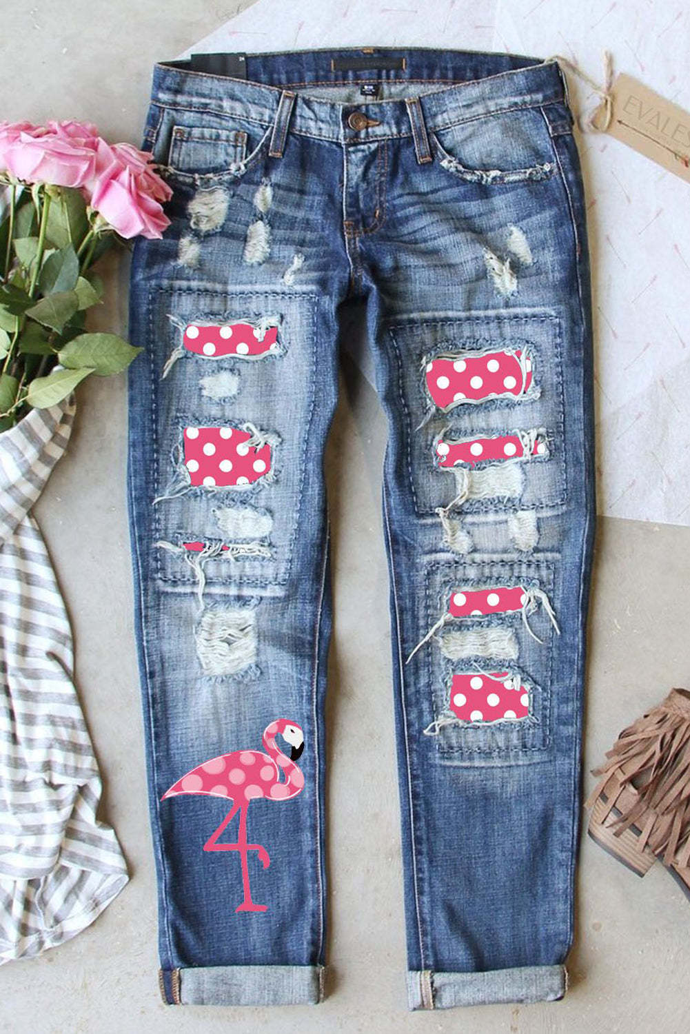 Flamingo Patchwork Ripped Denim Jeans