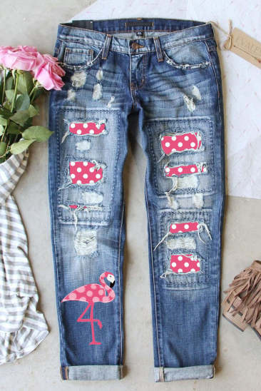 Flamingo Patchwork Ripped Denim Jeans LC787934-4