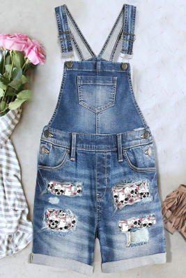 Cherry Blossoms Skull Shift Casual Ripped Shorts Denim Overalls LC784705-4