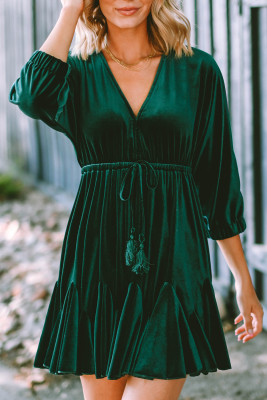 V-Neck Bracelet Sleeve Drawstring Ruffled Velvet Dress LC6117898-P309