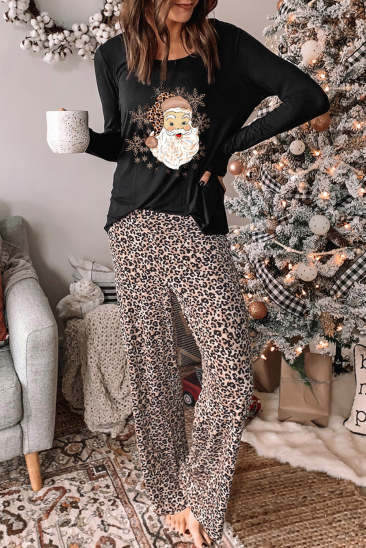 Christmas Santa Claus Leopard Round Neck Shift Casual Lounge Sets LC15361-20
