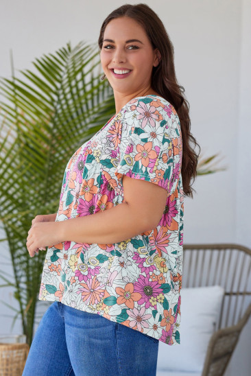 Plus Size Summer Floral Print V Neck Blouse PL251931-22