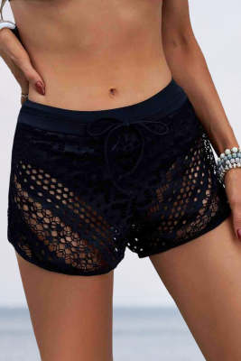 Lace Panel Drawstring Waist Plus Size Swim Shorts LC410572