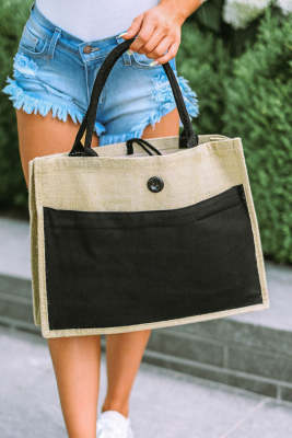 Simplistic Color Block Trim Rectangle Jute Tote Bag BH03531-2