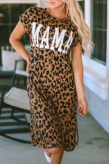 Leopard MAMA Letter Print Slit T-Shirt Dress LC6115144-20