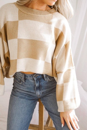 Checkered Bishop Sleeve Sweater LC2723492-16