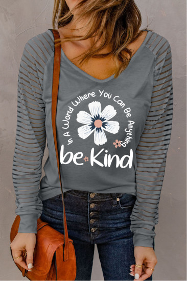 Floral Graphic BE KIND Sheer Stripe V-Neck Top LC25123949-11