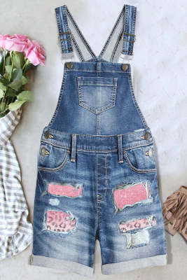 Pink Leopard Ripped Denim Shorts Overalls LC784656-4