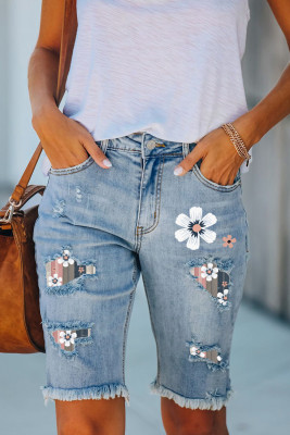 Floral Cut-out Raw Hem Sheath Casual Denim Shorts LC7831546-4