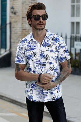 Men's White/Black Floral Print Button Up Short Sleeve Casual Shirt MC255415-1