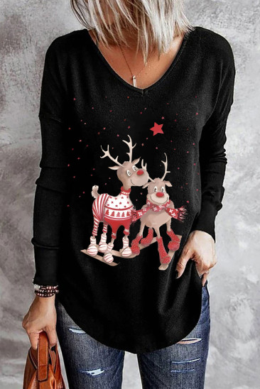 Christmas V Neck Shift Casual Blouse Long Sleeve Top LC25125695-2