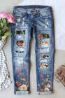 Floral Ripped Casual Mid Waist Ripped Jeans Sky Blue