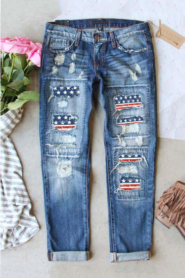 Patriotic American Flag Button Pockets Ripped Jeans LC787165-4