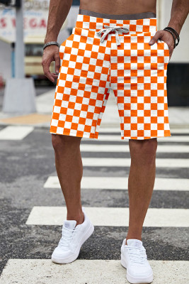Orange Checkerboard Graphic Casual Drawstring Shorts MC731072-P14