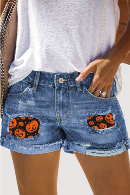 Halloween Pumpkin Shift Casual Ripped Jeans Denim Shorts LC7874335-4